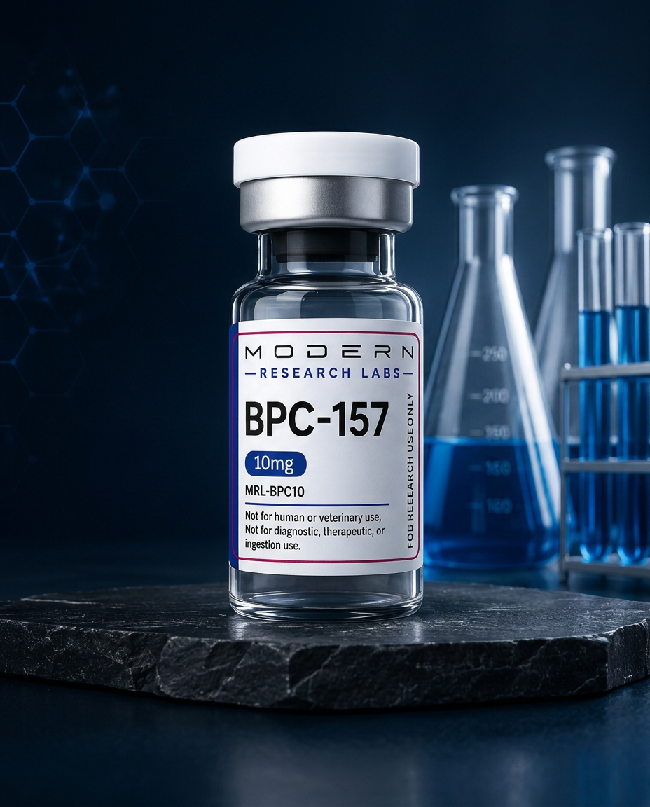 Modern Research Labs BPC-157 vial on slate podium with blue laboratory flasks