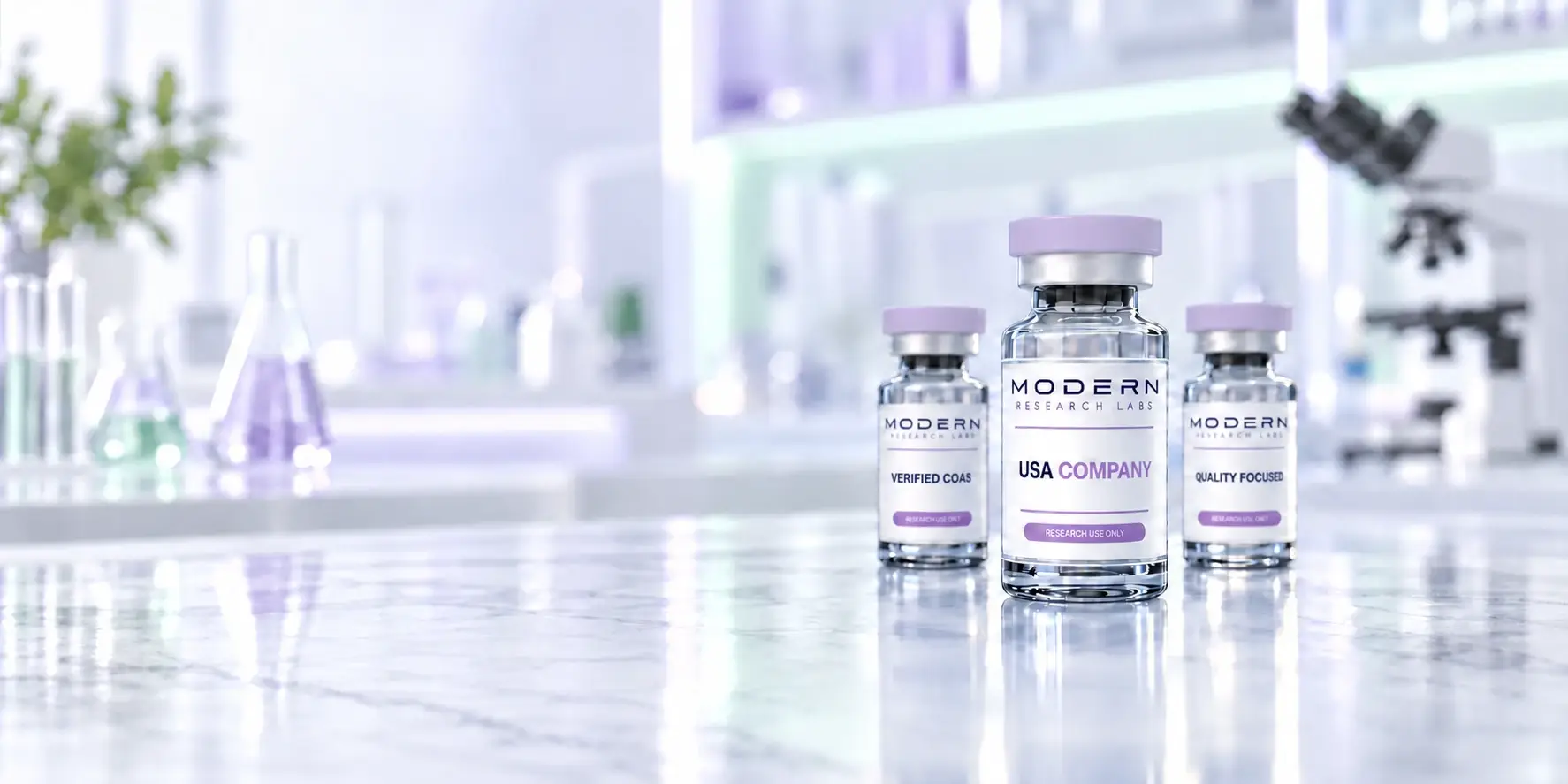 Three Modern Research Labs brand vials in a bright pearl-lilac laboratory setting